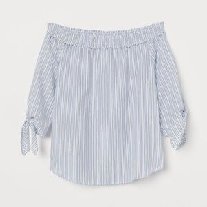 H&M LOGG Women's Sz 6 Off Shoulder Blouse Shirt Blue White Strip 3/4 Sleeves